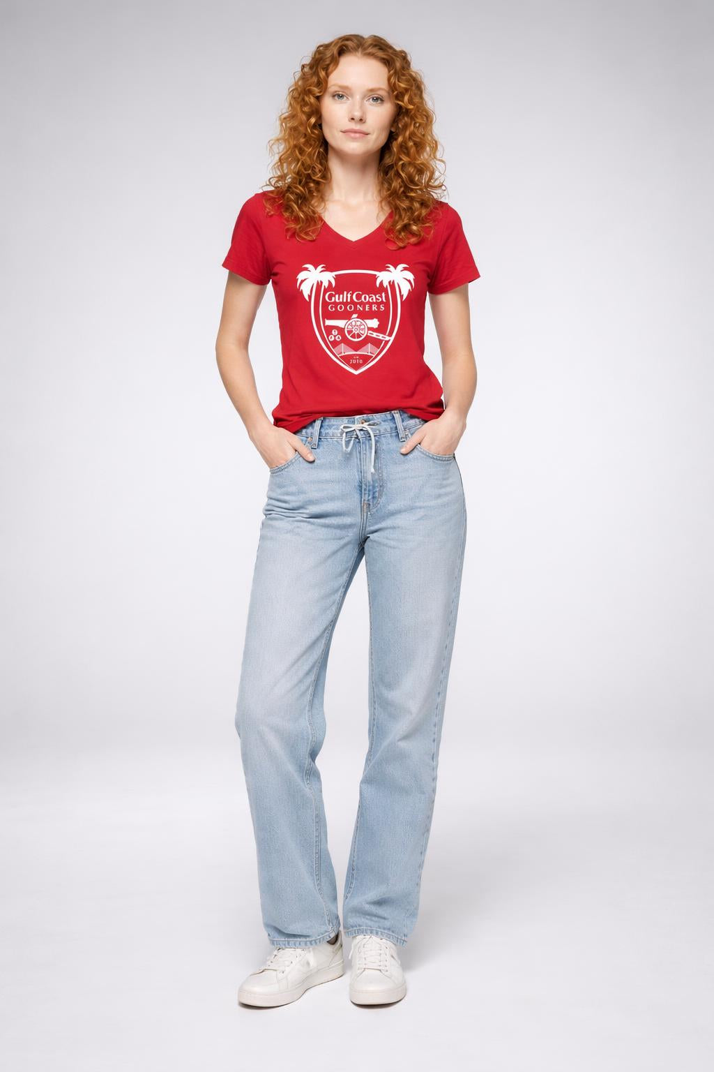 Full body view of the model wearing GCG Womens V-Neck - White Logo