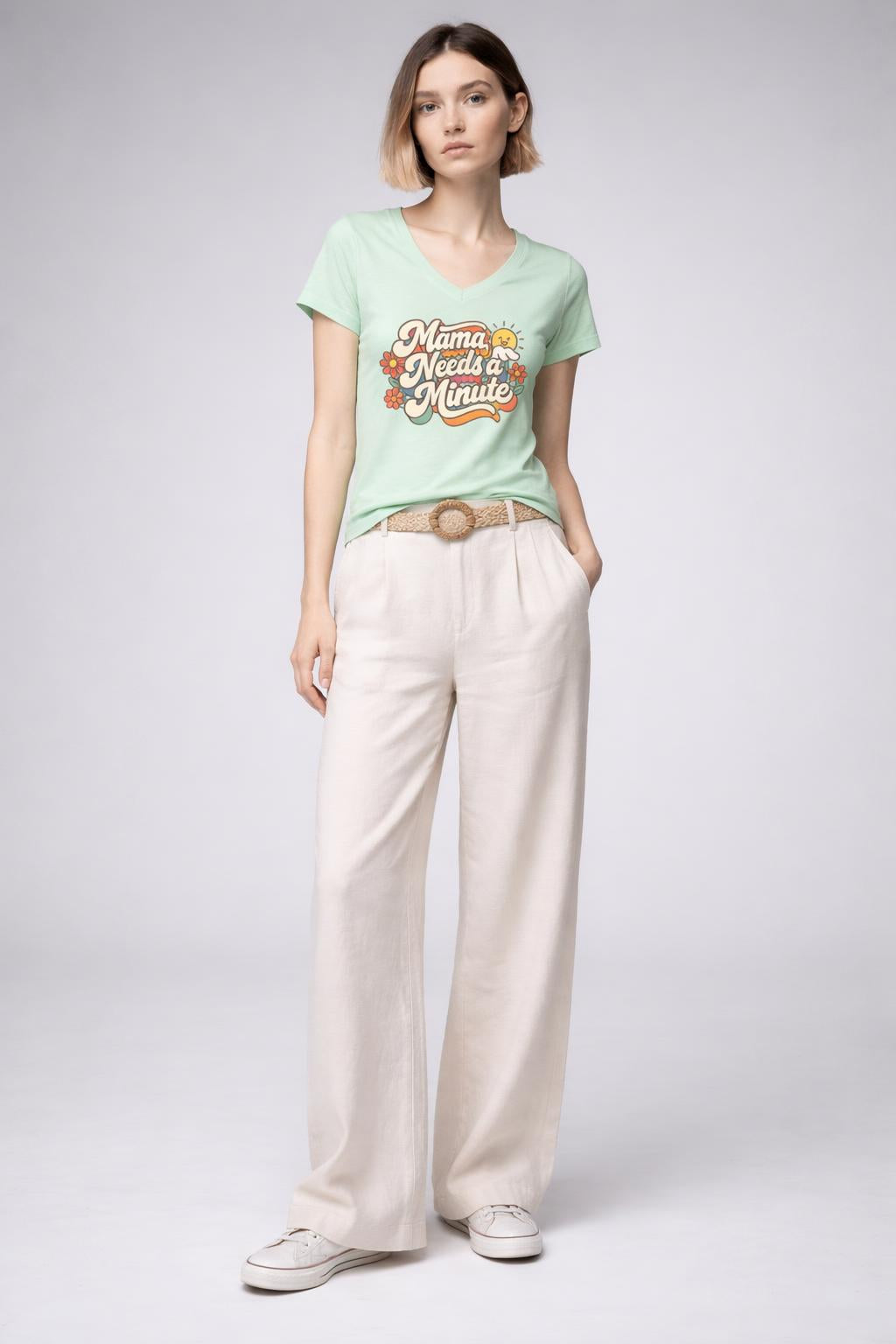 Full body view of the model wearing Mama Needs a Minute V-Neck