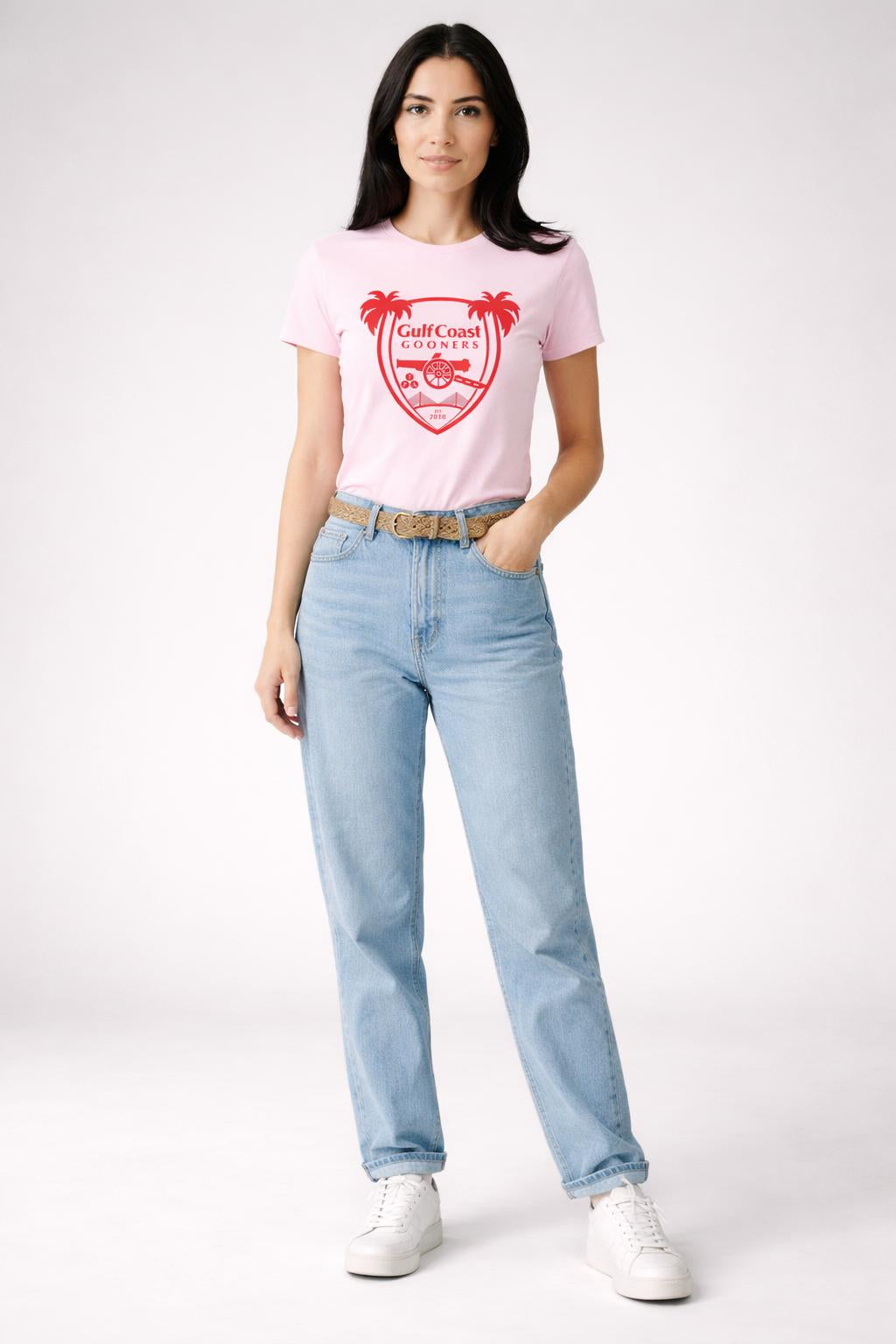 Full body view of the model wearing GCG Women's Crew - Red Logo