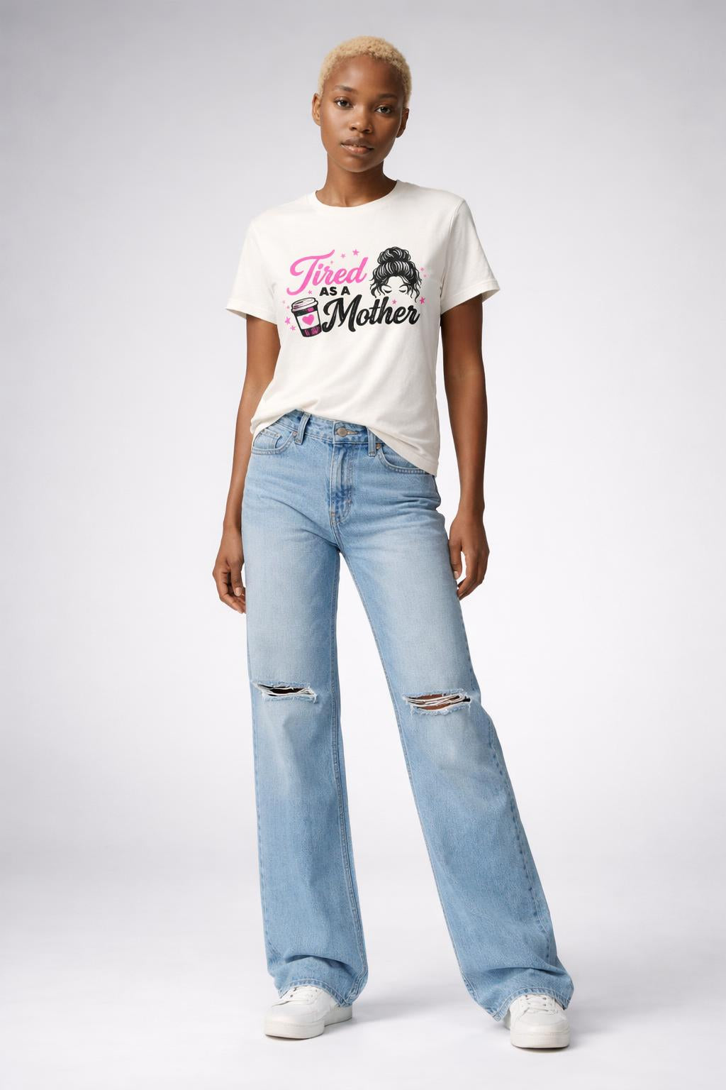 Full body view of the model wearing Tired as a Mother