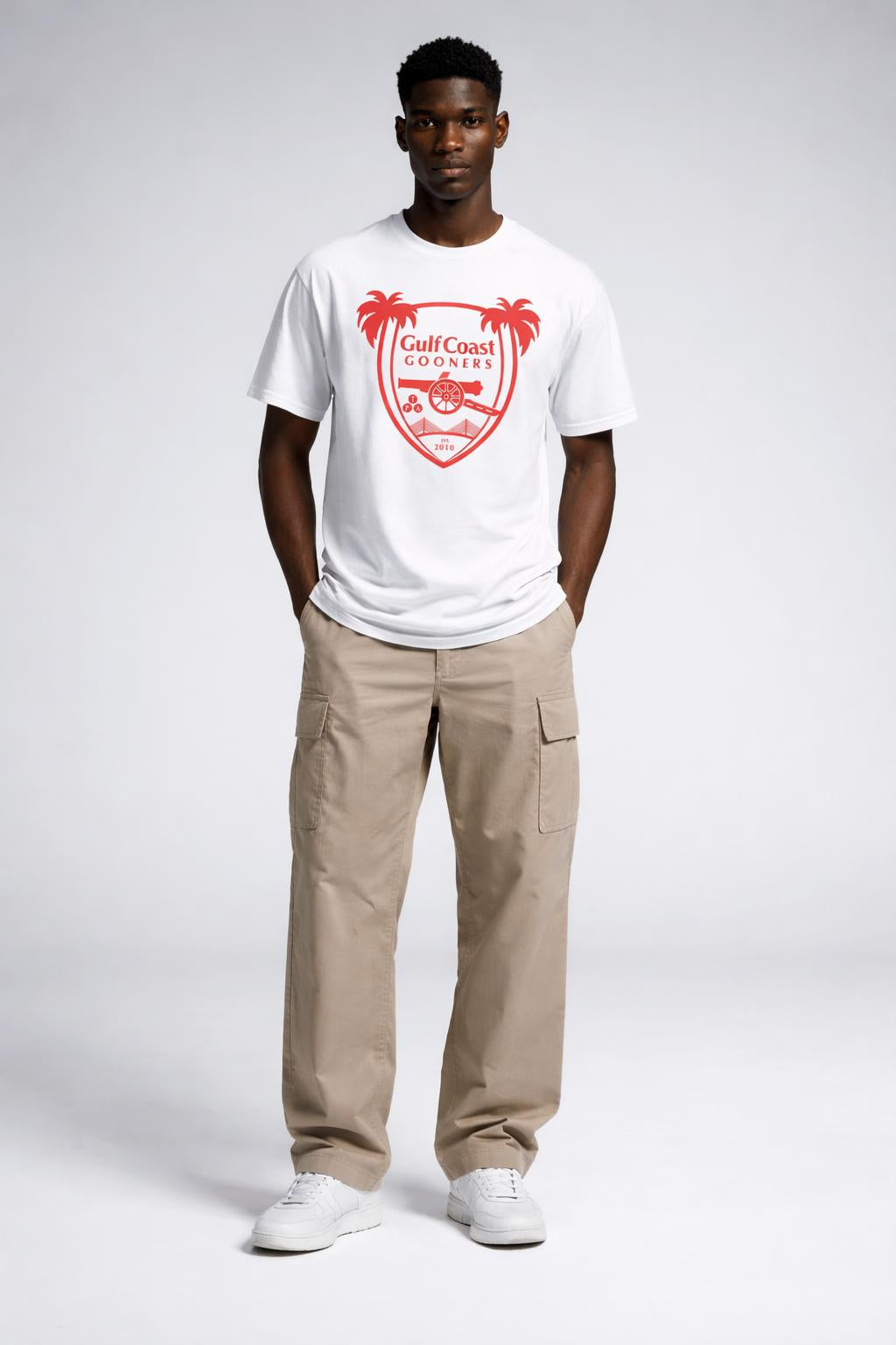 Full body view of the model wearing Gulf Coast Gooners Red