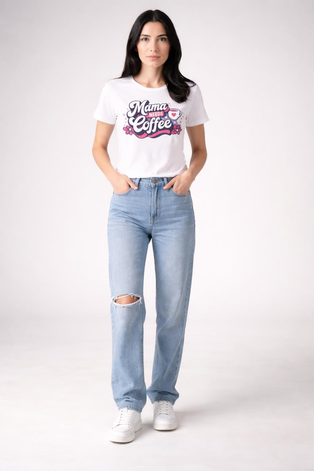 Full body view of the model wearing Mama Needs Coffee
